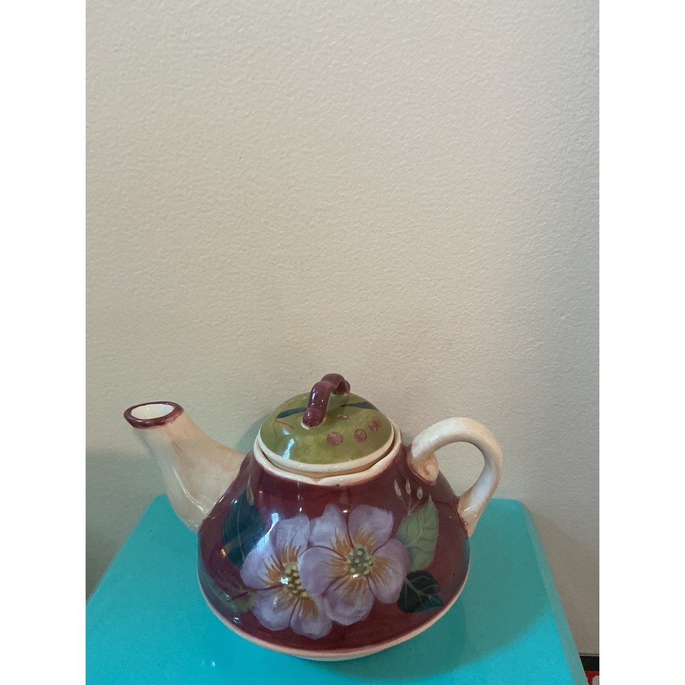 VTG Barnes & Noble Cafe Floral Ceramic Teapot Burgundy Purple Flower Cottagecore